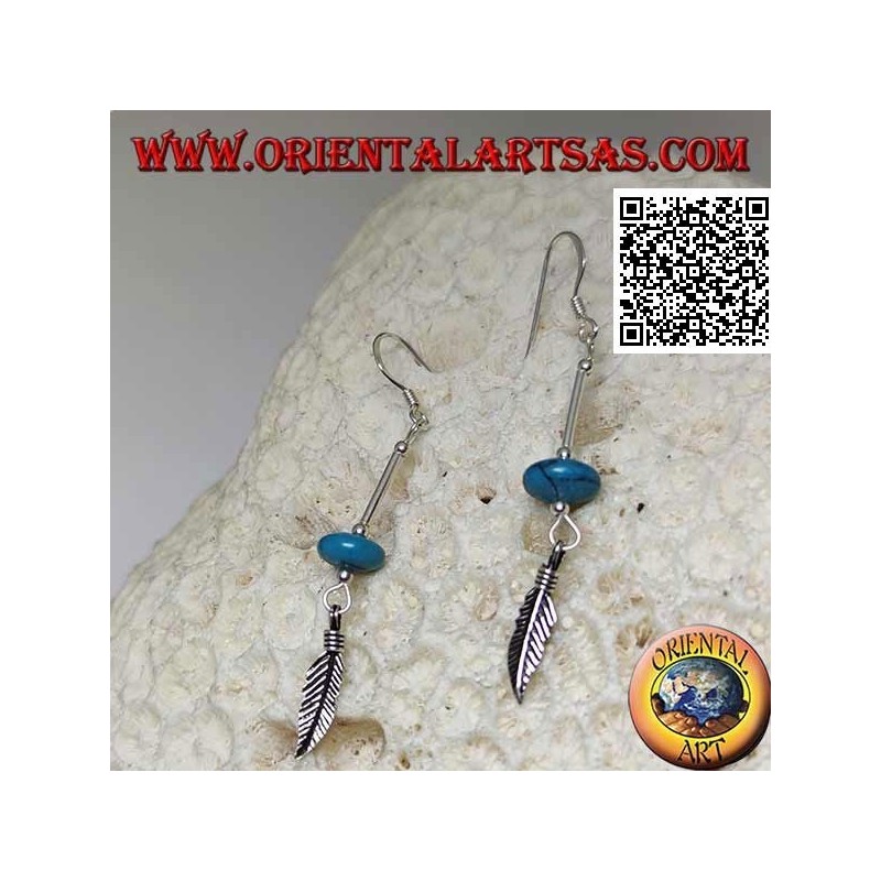 Boucles d'oreilles pendantes en argent avec beignet turquoise et plume