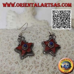 Boucles d'oreilles en argent avec étoile de corail naturel antique et lapis-lazuli central entouré de tissage