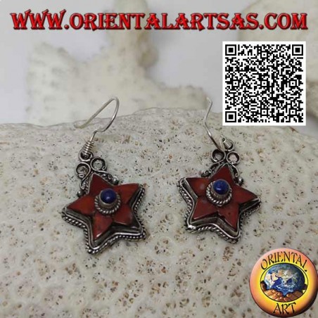 Silver earrings with antique natural coral star and central lapis lazuli surrounded by weaving