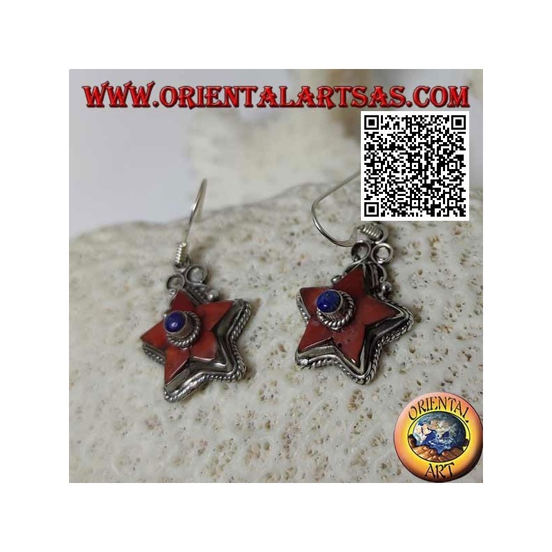 Pendientes de plata con estrella de coral natural antigua y lapislázuli central rodeados de tejido