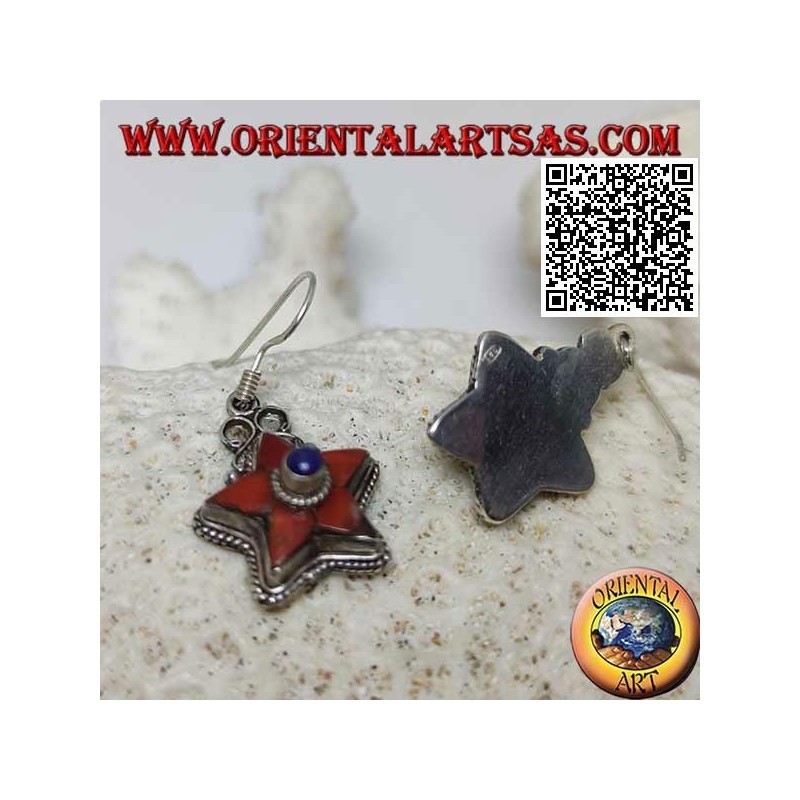 Boucles d'oreilles en argent avec étoile de corail naturel antique et lapis-lazuli central entouré de tissage