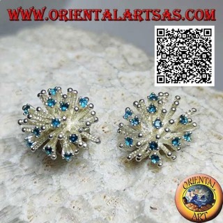 Silver earrings from lobe in the shape of a sea anemone with satin processing and blue zircons set