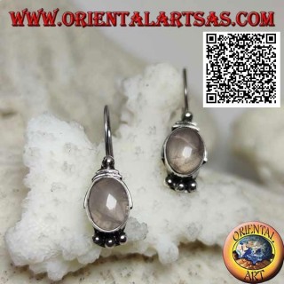 Silver earrings with rose quartz on a smooth setting with balls above and below