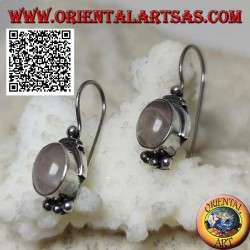 Silver earrings with rose quartz on a smooth setting with balls above and below