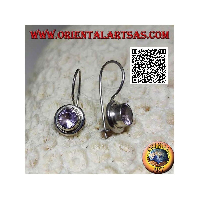 Silver earrings with natural round amethyst on a smooth frame with a smooth edge