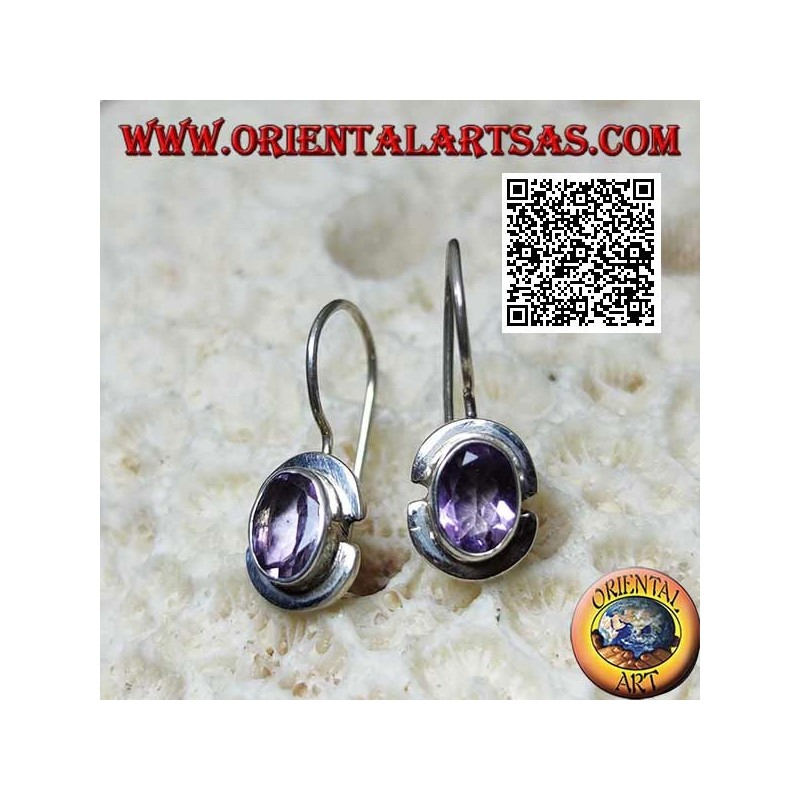 Silver earrings with natural oval amethyst on a smooth frame with a broken edge