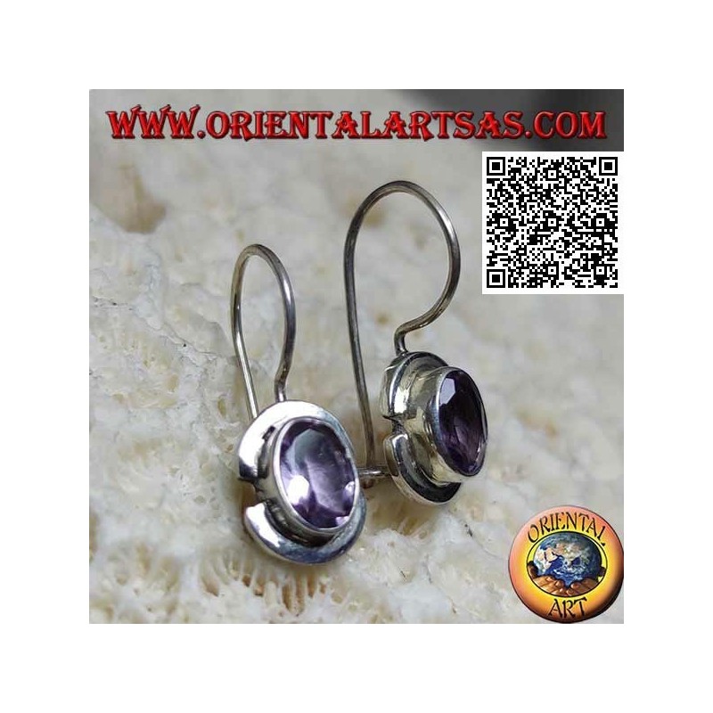 Silver earrings with natural oval amethyst on a smooth frame with a broken edge
