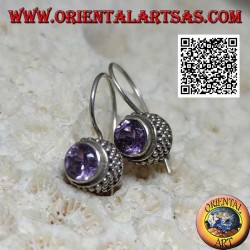 Silver earrings with natural round amethyst with border of four rows of balls