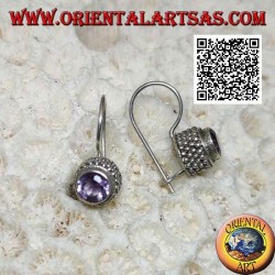 Pendientes de plata con amatista redonda natural con borde de cuatro hileras de bolas