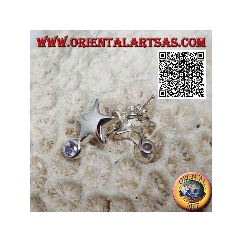 Orecchini in argento da lobo a forma di stella liscia e spessa con sotto un zircone bianco tondo