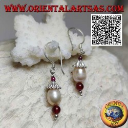 Boucles d'oreilles pendentif chapeau en argent avec perle parmi grenat