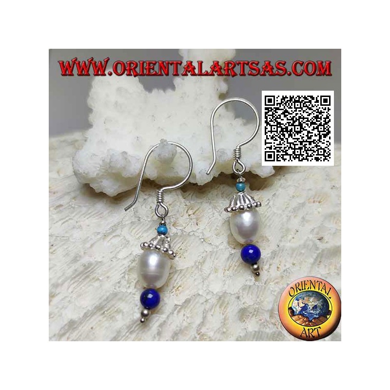 Silver hat pendant earrings with turquoise, pearl and lapis lazuli