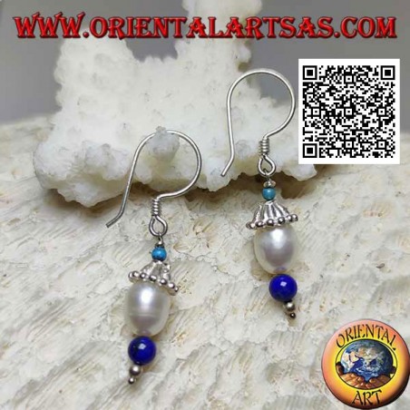 Boucles d'oreilles pendentif chapeau en argent avec turquoise, perle et lapis lazuli