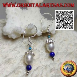Boucles d'oreilles pendentif chapeau en argent avec turquoise, perle et lapis lazuli