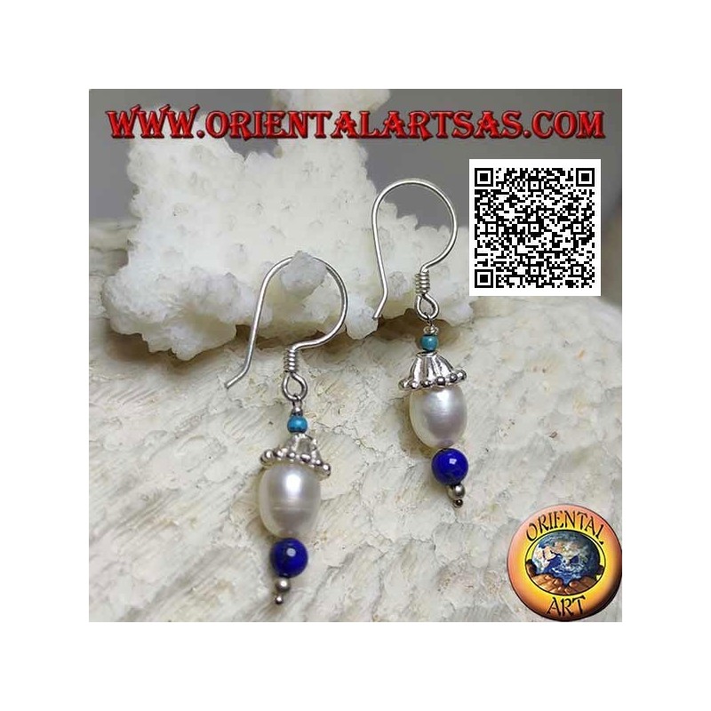 Silver hat pendant earrings with turquoise, pearl and lapis lazuli