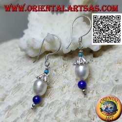 Silver hat pendant earrings with turquoise, pearl and lapis lazuli