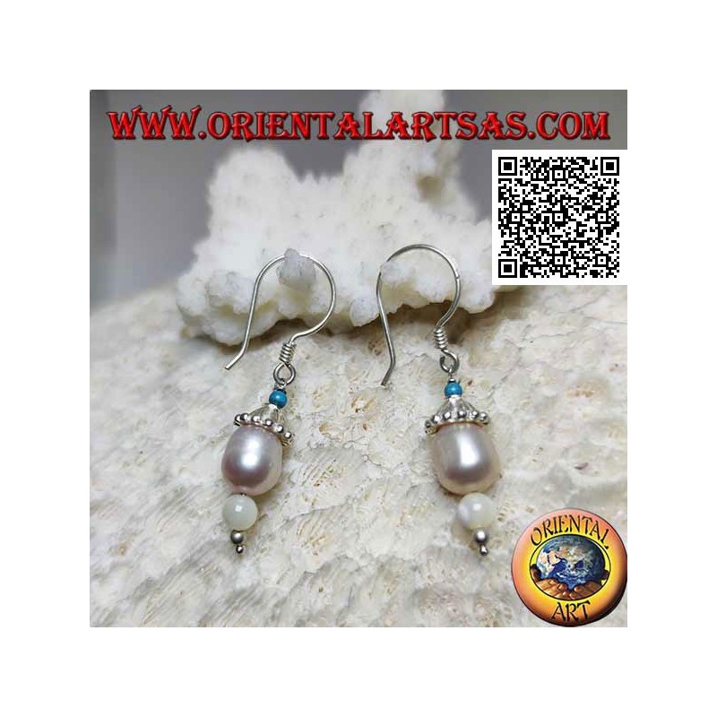 Silberhut Anhänger Ohrringe mit Türkis, Perle und Perlmutt