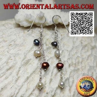 Orecchini in argento con 4 fili di catena pendenti con perla multicolor finale