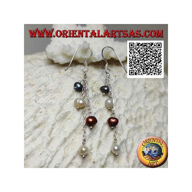 Silver earrings with 4 strands of pendant chain with final multicolor pearl