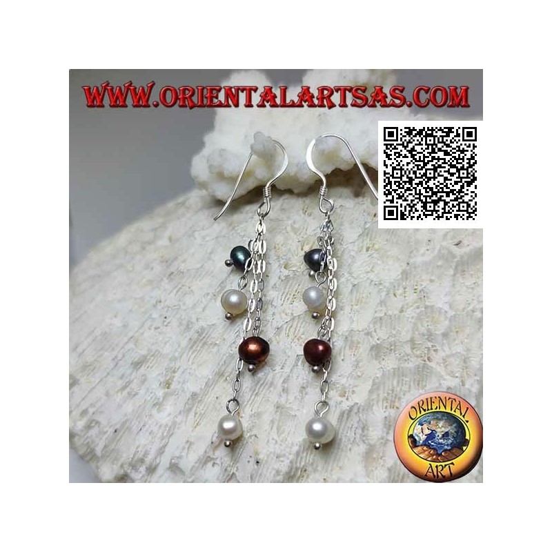 Silver earrings with 4 strands of pendant chain with final multicolor pearl
