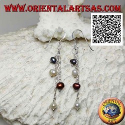 Silver earrings with 4 strands of pendant chain with final multicolor pearl