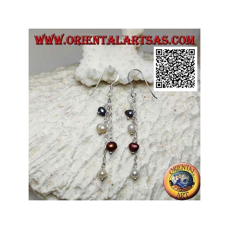 Orecchini in argento con 4 fili di catena pendenti con perla multicolor finale