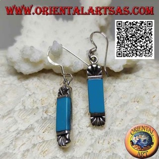 Silver earrings with rectangular turquoise and engraved fan above and below