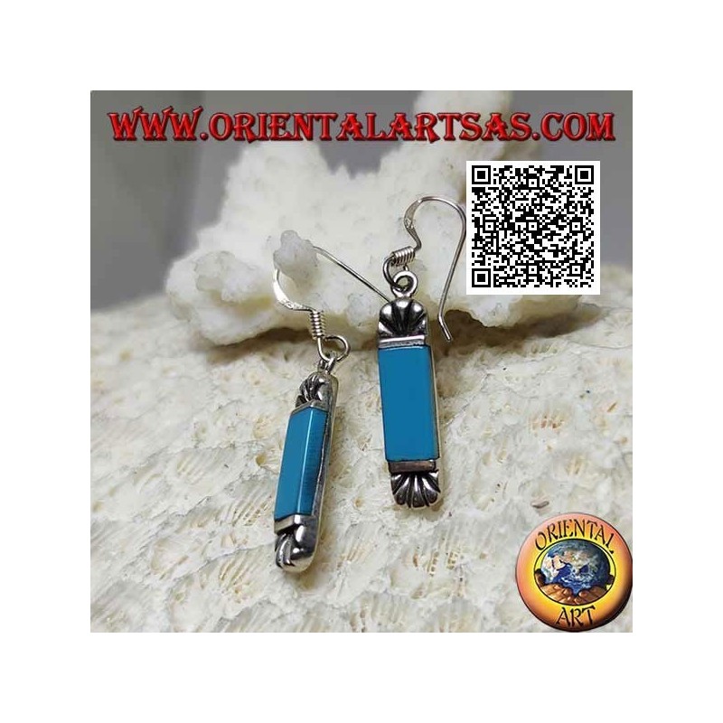 Pendientes de plata con turquesa rectangular y abanico grabado arriba y abajo