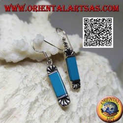 Silver earrings with rectangular turquoise and engraved fan above and below