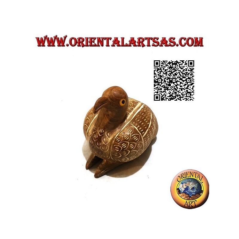 Skulptur einer hockenden Ente von Hand bemalt, 9 cm (natürliches) Teakholz