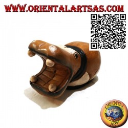 Hand painted sculpture of a hippo, in teak wood (small)