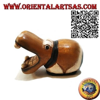Hand painted sculpture of a hippo, in teak wood (small)