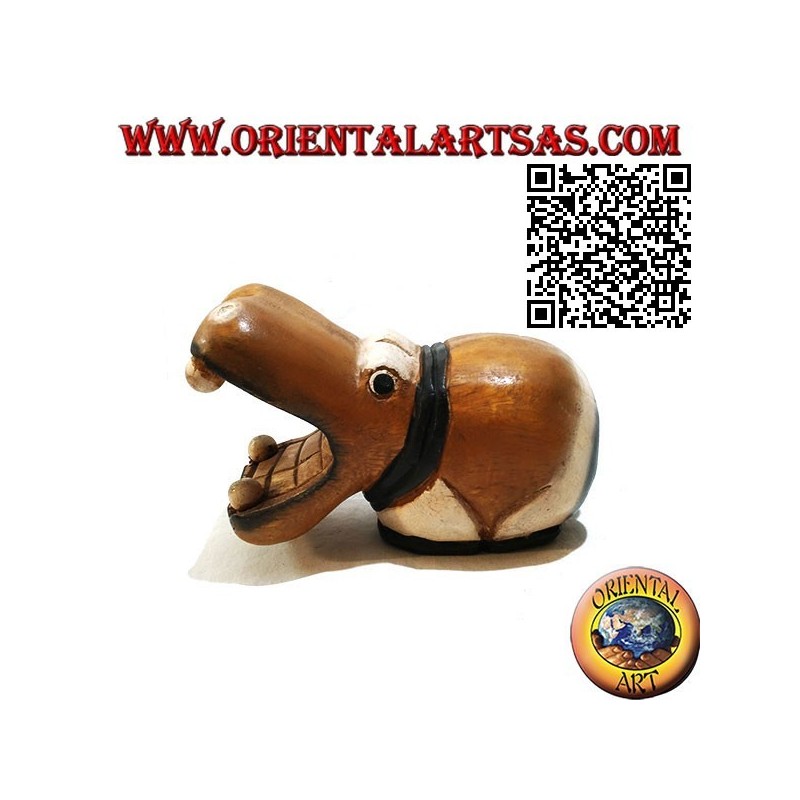 Hand painted sculpture of a hippo, in teak wood (small)