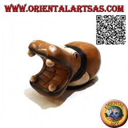Hand painted sculpture of a hippo, in teak wood (large)