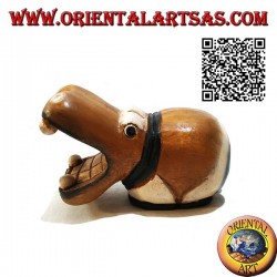 Escultura de hipopótamo pintada a mano, en madera de teca (grande)