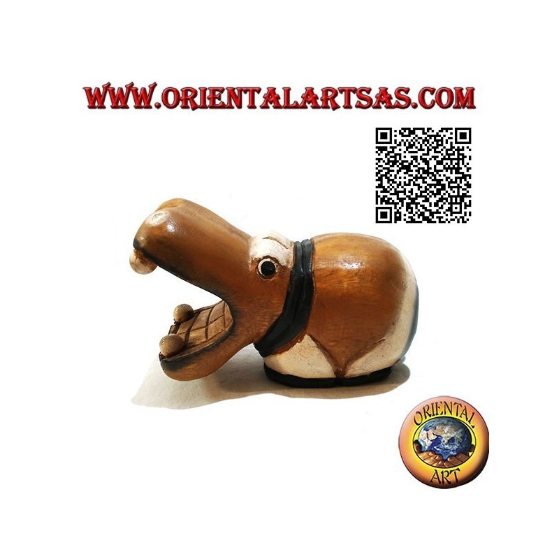 Scultura di un ippopotamo dipinta a mano, in legno di teak (grande)