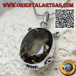 Silver pendant with beautiful faceted oval smoky quartz on smooth frame with inserts