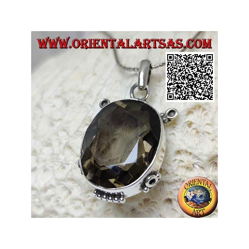 Silver pendant with beautiful faceted oval smoky quartz on smooth frame with inserts