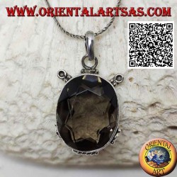 Silver pendant with beautiful faceted oval smoky quartz on smooth frame with inserts