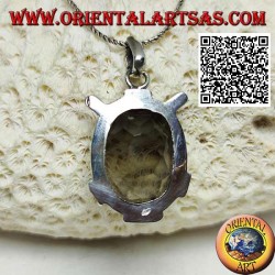 Pendentif en argent avec beau quartz fumé ovale facetté sur monture lisse avec inserts