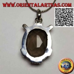 Silver pendant with beautiful faceted oval smoky quartz on smooth frame with inserts