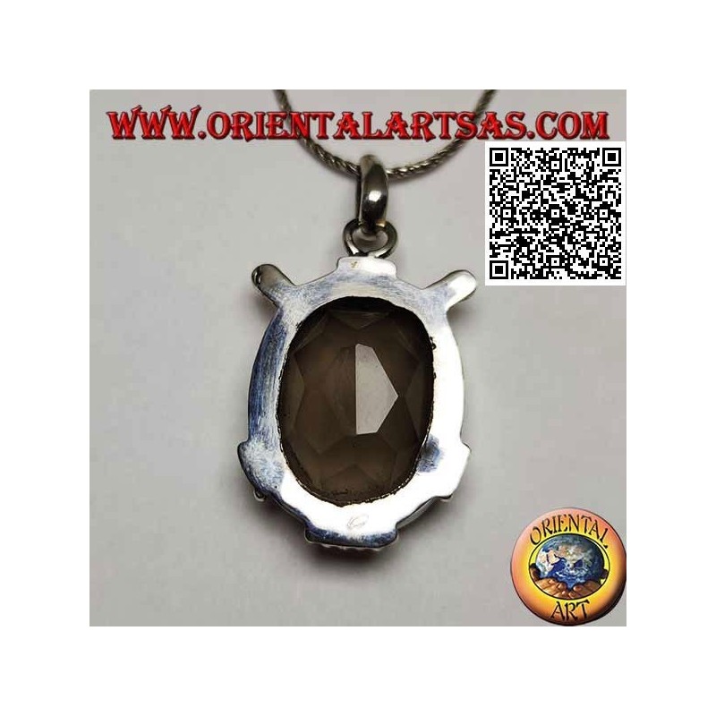 Pendentif en argent avec beau quartz fumé ovale facetté sur monture lisse avec inserts