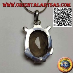 Silver pendant with beautiful faceted oval smoky quartz on smooth frame with inserts