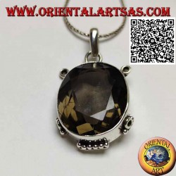 Silver pendant with beautiful faceted oval smoky quartz on smooth frame with inserts