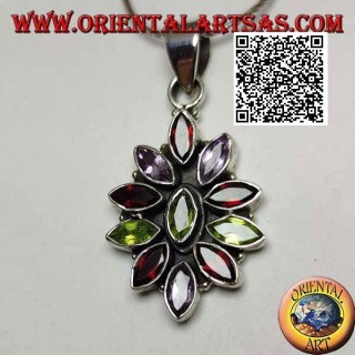 Colgante de plata con 11 granates, peridoto y circonitas lanzadera facetadas alternas