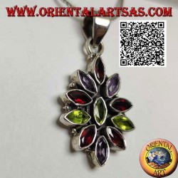 Silver pendant with 11 garnets, peridot and alternating faceted shuttle zircons