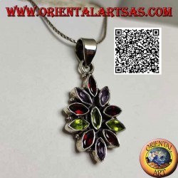 Pendentif en argent avec 11 grenats, péridot et alternance de zircons navettes facettés