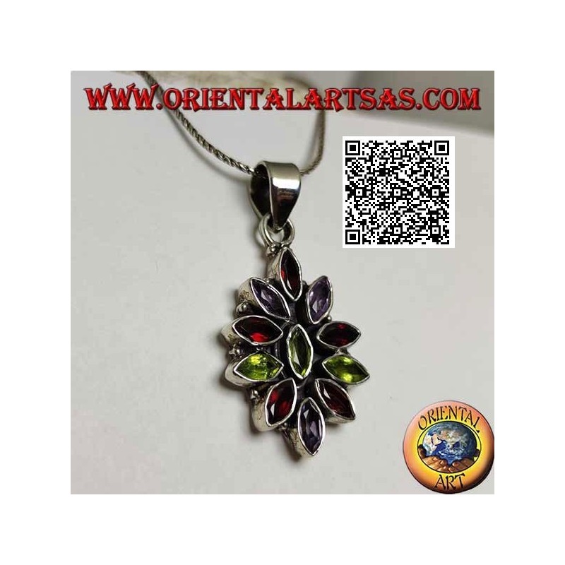 Pendentif en argent avec 11 grenats, péridot et alternance de zircons navettes facettés