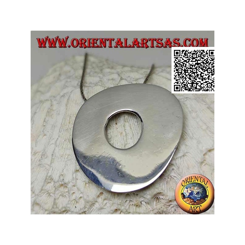 Smooth silver pendant in the shape of a large irregular disc in the Neolithic rock style
