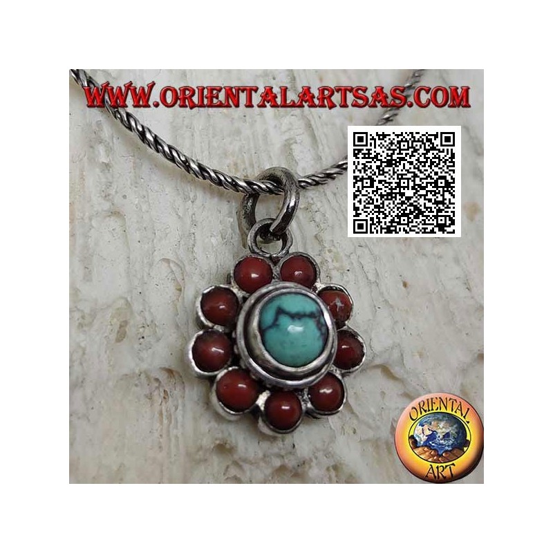 Silver flower pendant with antique Tibetan cabochon turquoise surrounded by round corals